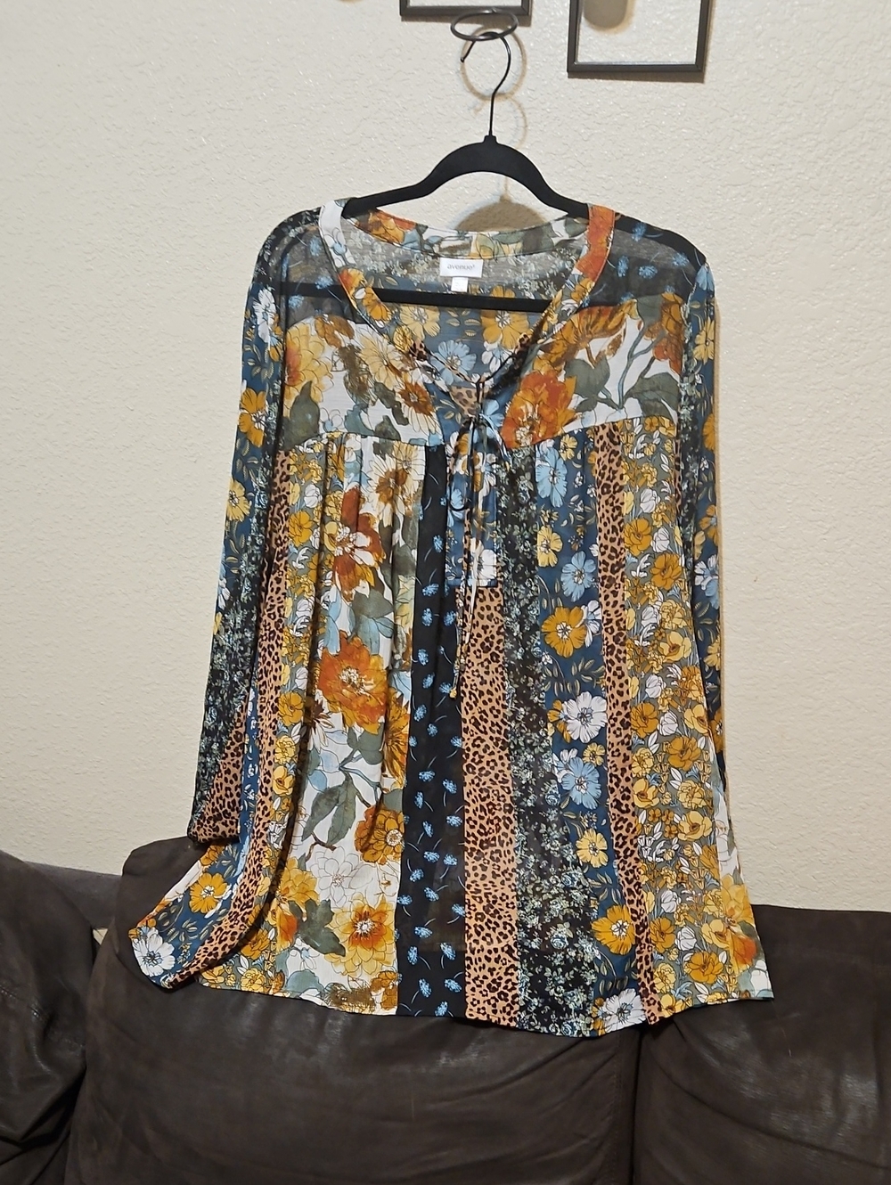 Avenue Patchwork Tie-Neck Blouse in Yellow, Blue & Black
